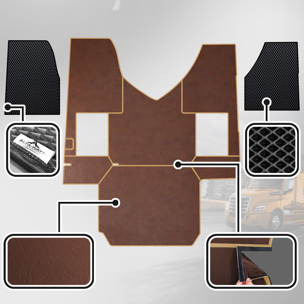 Floor Mats fits Freightliner Cascadia gen. 3 (2018-current) - Full Floor Set & 2 Additional Protective mats - Prestige-Line - BROWN