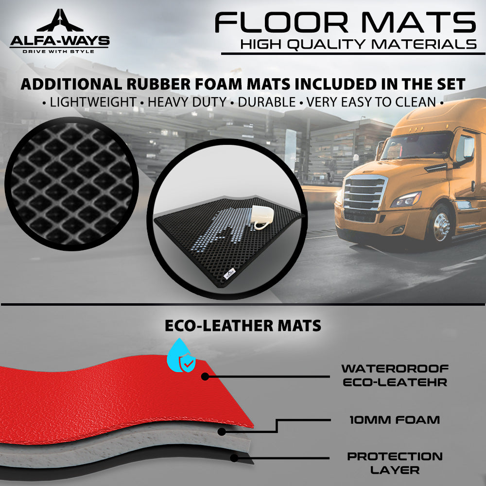 Floor Mats fits Freightliner Cascadia gen. 3 (2018-current) - Full Floor Set & 2 Additional Protective mats - Prestige-Line - RED