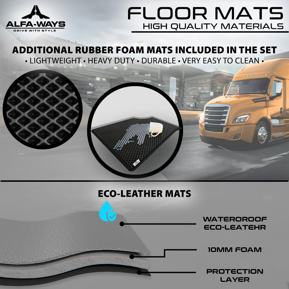 Floor Mats fits Freightliner Cascadia gen. 3 (2018-current) - Full Floor Set & 2 Additional Protective mats - Prestige-Line - GRAY