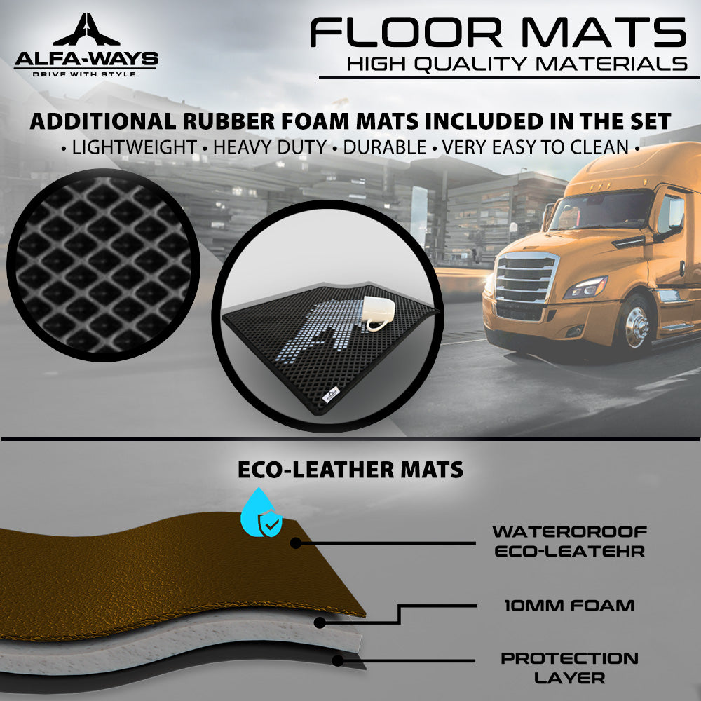 Floor Mats fits Freightliner Cascadia gen. 3 (2018-current) - Full Floor Set & 2 Additional Protective mats - Prestige-Line - BROWN