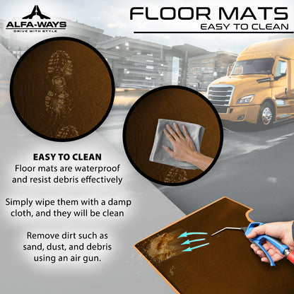 Floor Mats fits Freightliner Cascadia gen. 3 (2018-current) - Full Floor Set & 2 Additional Protective mats - Prestige-Line - BROWN