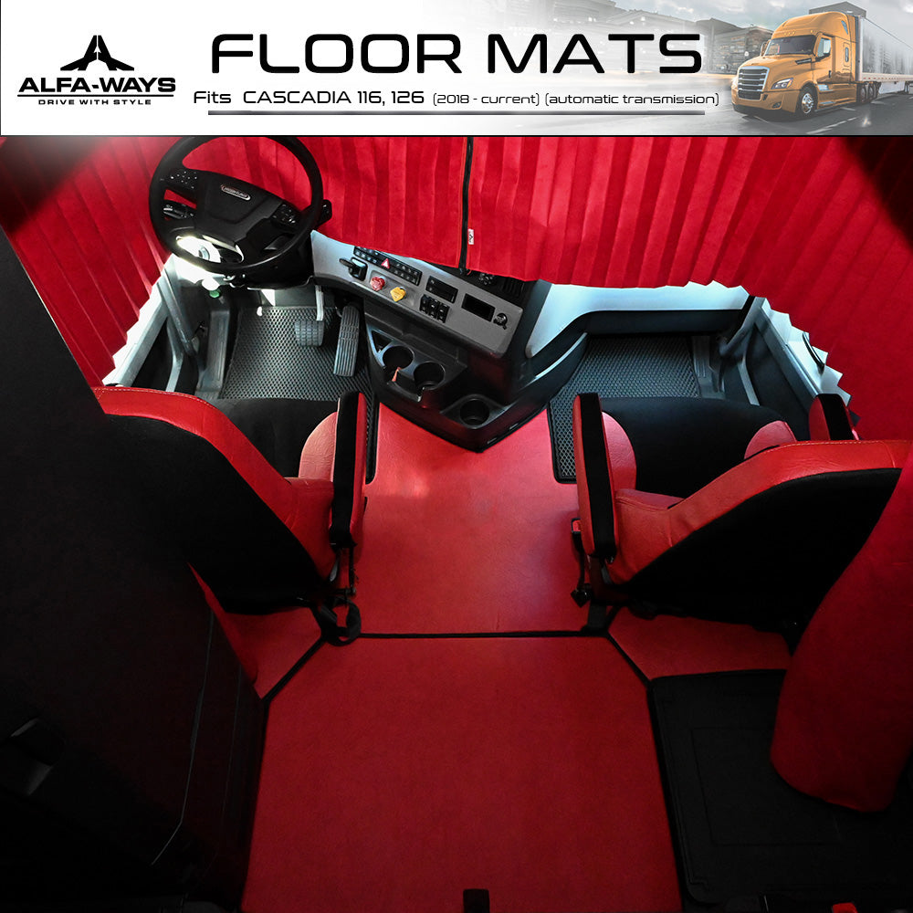 Floor Mats fits Freightliner Cascadia gen. 3 (2018-current) - Full Floor Set & 2 Additional Protective mats - Prestige-Line - RED