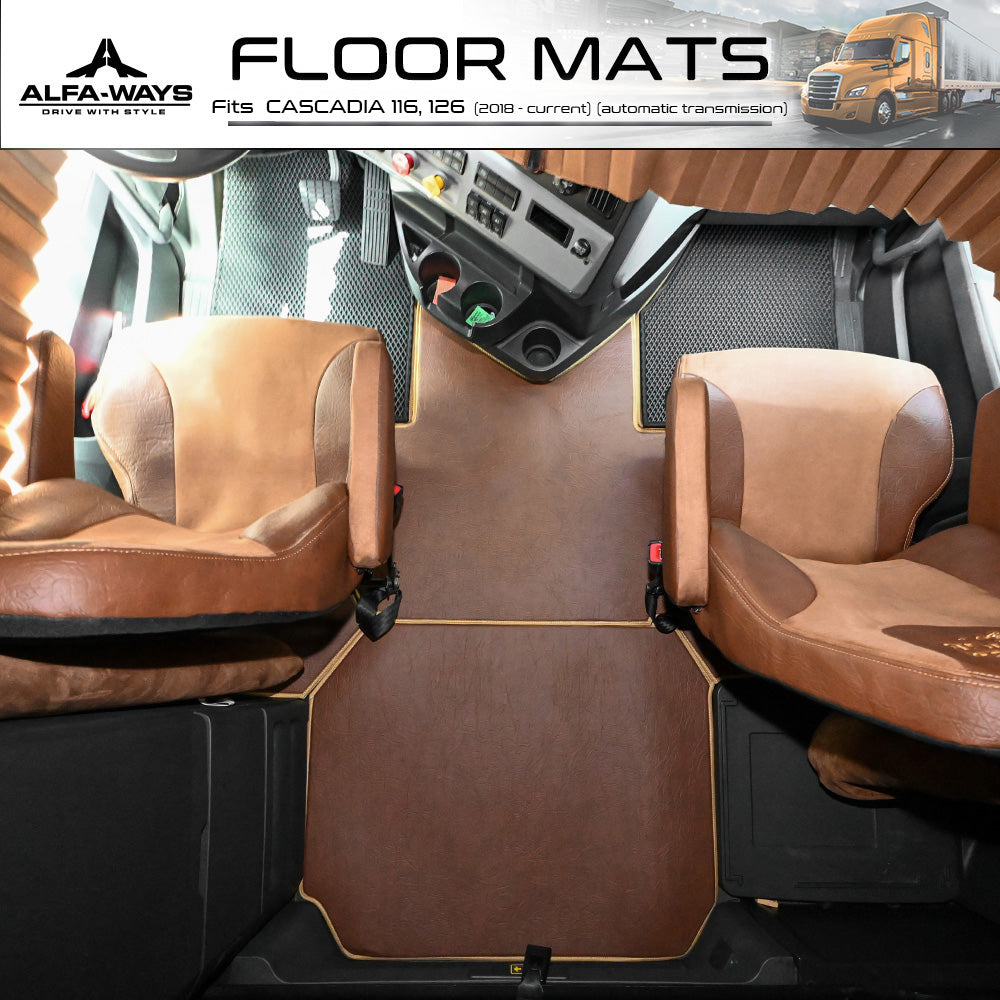 Floor Mats fits Freightliner Cascadia gen. 3 (2018-current) - Full Floor Set & 2 Additional Protective mats - Prestige-Line - BROWN