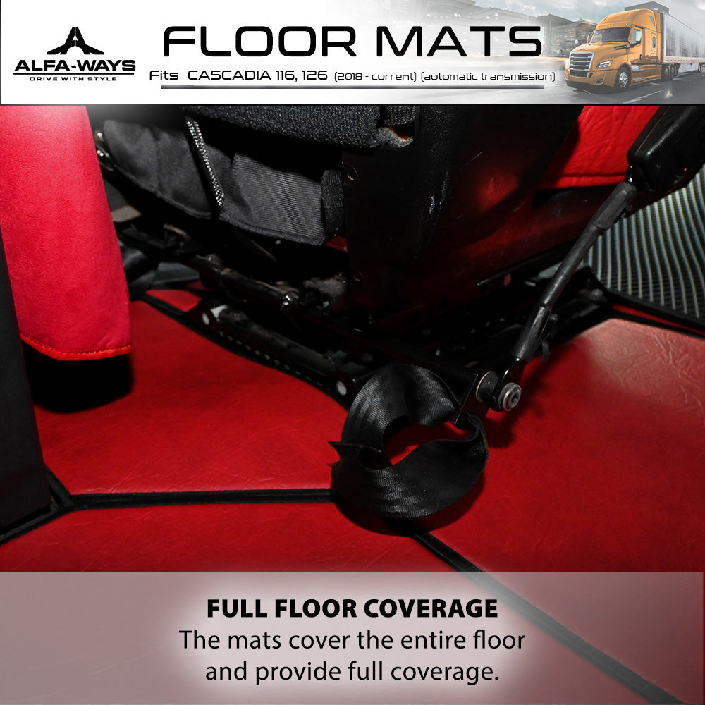 Floor Mats fits Freightliner Cascadia gen. 3 (2018-current) - Full Floor Set & 2 Additional Protective mats - Prestige-Line - RED