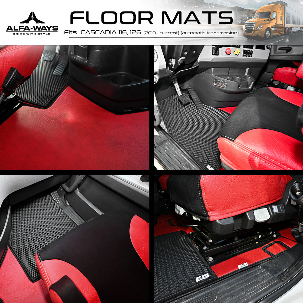 Floor Mats fits Freightliner Cascadia gen. 3 (2018-current) - Full Floor Set & 2 Additional Protective mats - Prestige-Line - RED