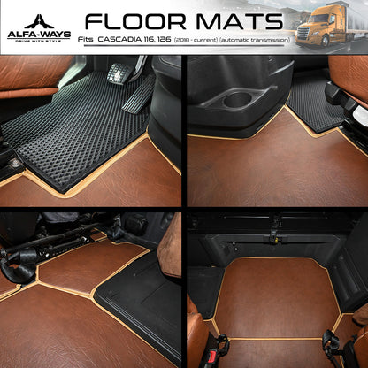 Floor Mats fits Freightliner Cascadia gen. 3 (2018-current) - Full Floor Set & 2 Additional Protective mats - Prestige-Line - BROWN