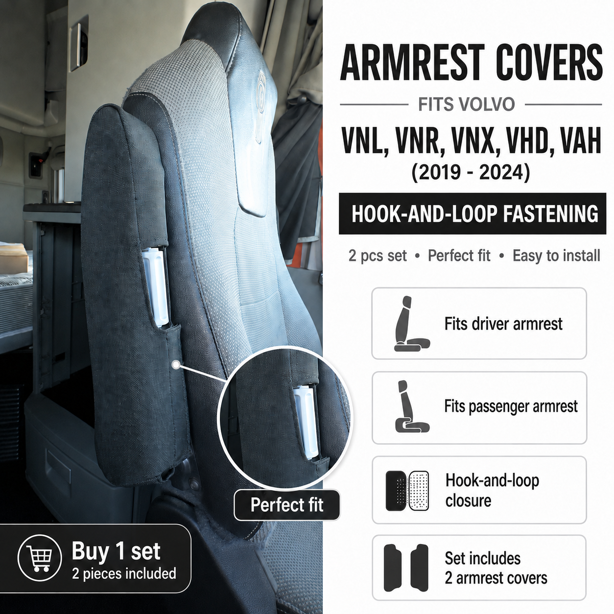 Armrest Covers fits VOLVO VNL, VNR, VNX, VHD, VAH (2019 - 2024)