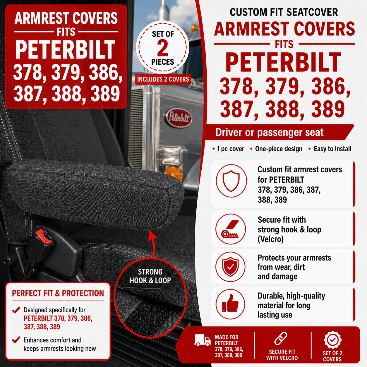 Armrest Covers fits PETERBILT 378, 379, 386, 387, 388, 389