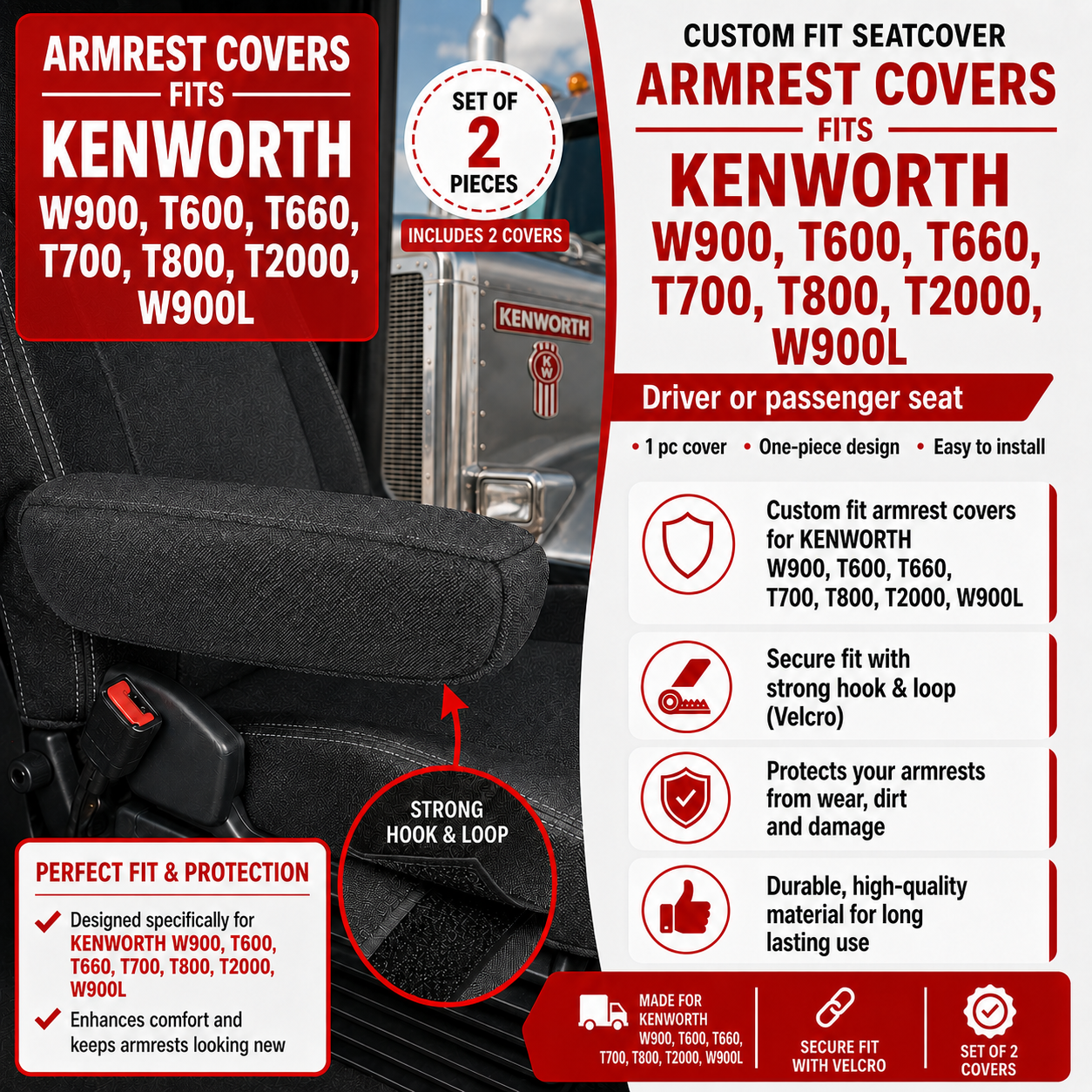 Armrest Covers fits KENWORTH W900, T600, T660, T700, T800, T2000, W900L