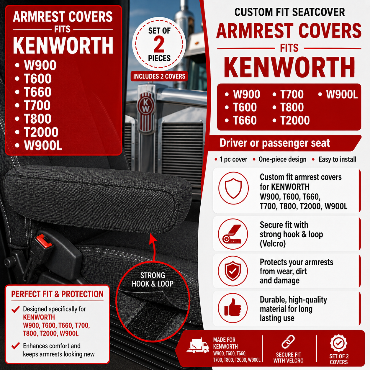 Armrest Covers fits KENWORTH W900, T600, T660, T700, T800, T2000, W900L