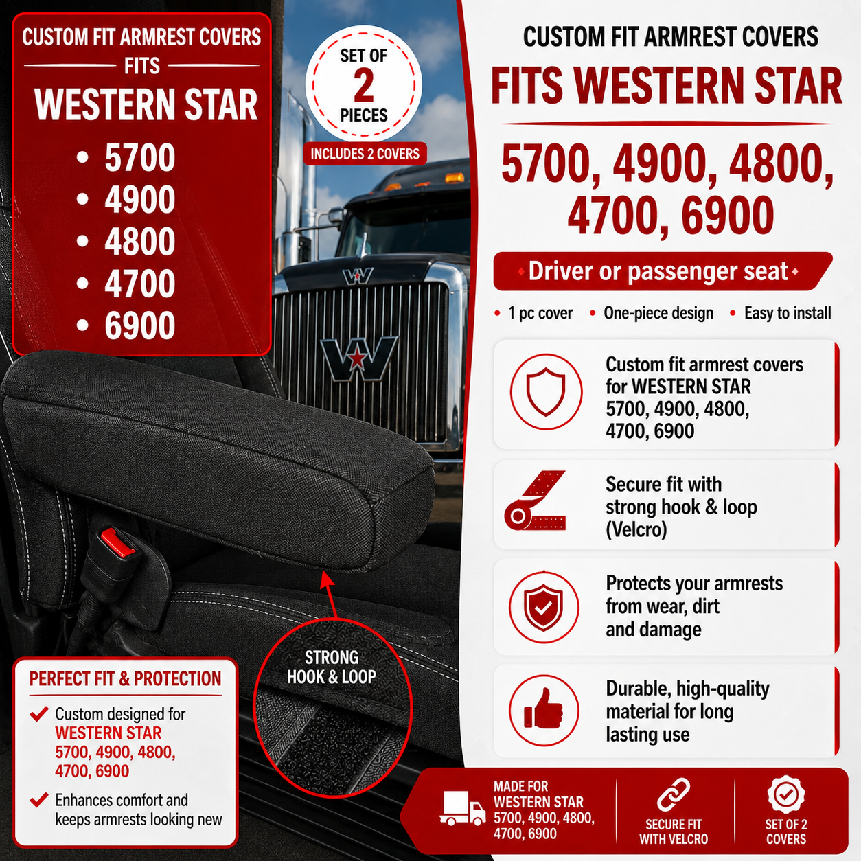 Armrest Covers fits WESTERN STAR 5700, 4900, 4800, 4700, 6900
