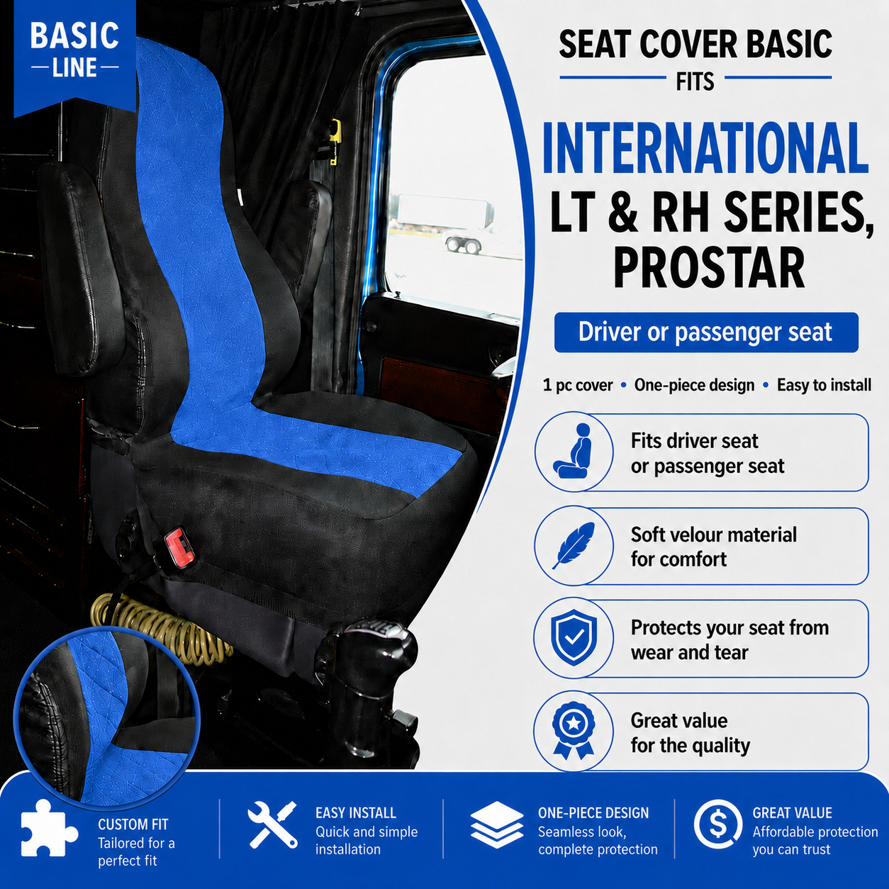 Seat Cover Basic fits INTERNATIONAL LT & RH SERIES, PROSTAR BLUE