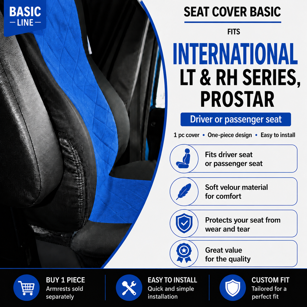 Seat Cover Basic fits INTERNATIONAL LT & RH SERIES, PROSTAR BLUE