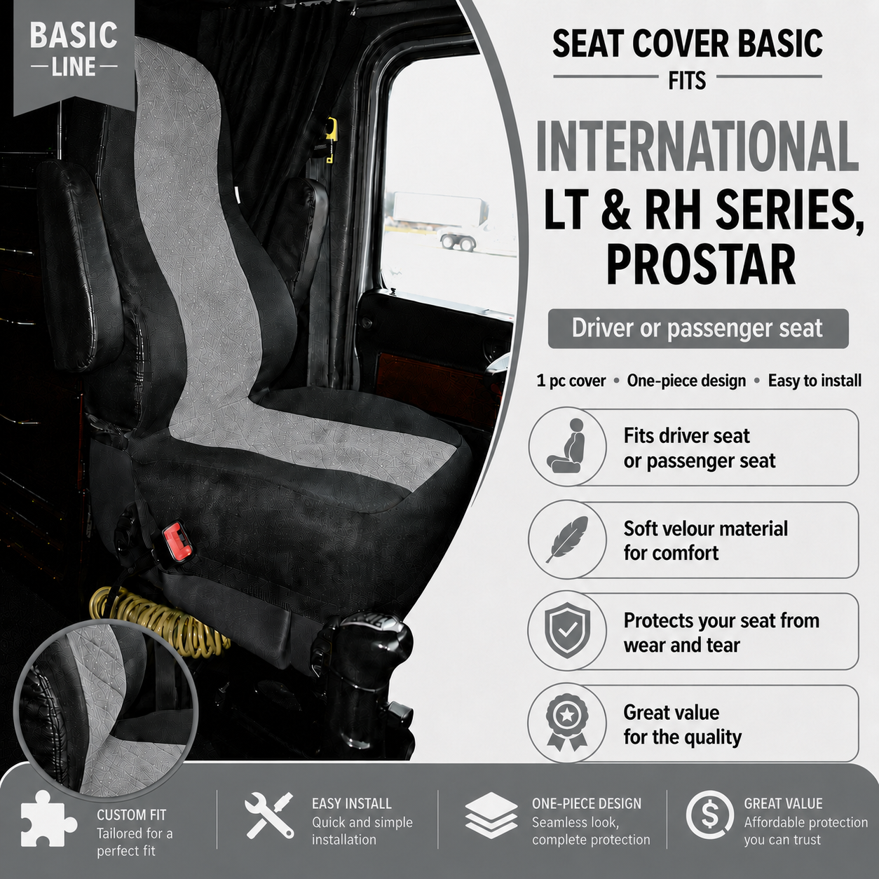 Seat Cover Basic INTERNATIONAL LT & RH SERIES, PROSTAR GRAY