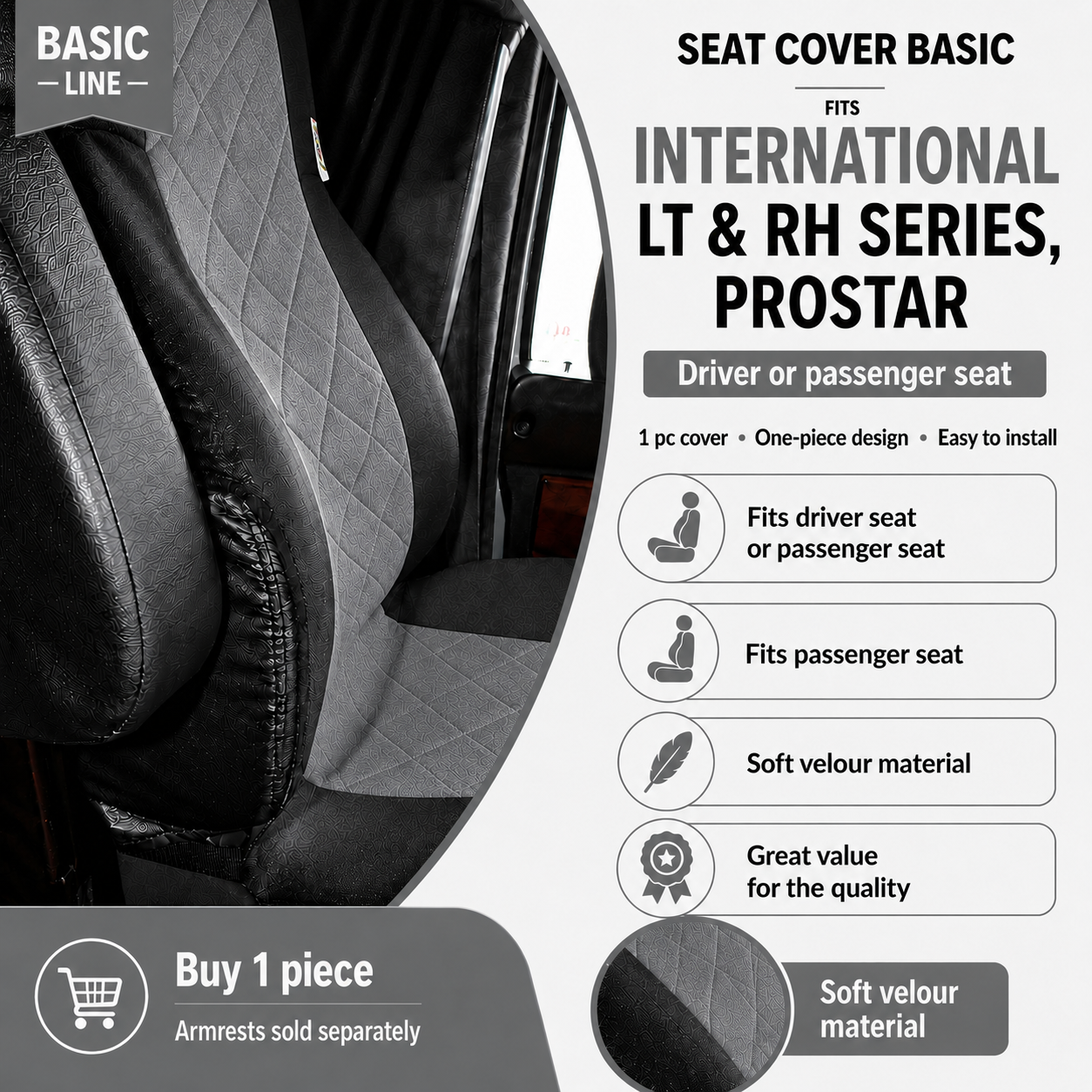 Seat Cover Basic INTERNATIONAL LT & RH SERIES, PROSTAR GRAY