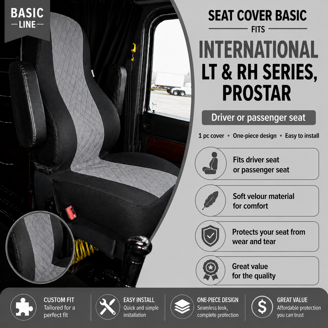Seat Cover Basic INTERNATIONAL LT & RH SERIES, PROSTAR GRAY