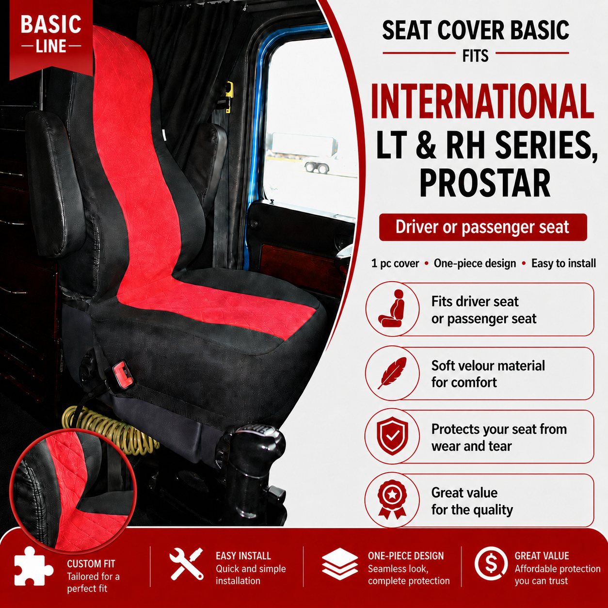 Seat Cover Basic fits  INTERNATIONAL LT & RH SERIES, PROSTAR RED