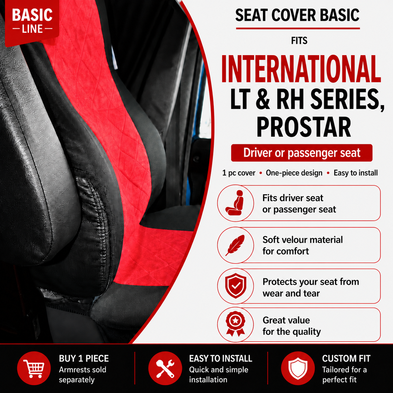 Seat Cover Basic fits  INTERNATIONAL LT & RH SERIES, PROSTAR RED