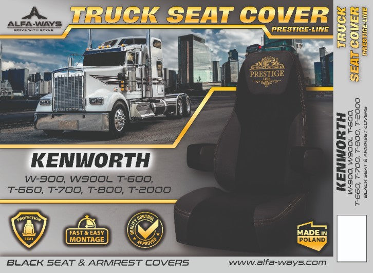 KENWORTH t-600, t-660, t-700, t-800, t-2000, w-900, w900l truck seat cover Prestige-Line BLACK ALFA-WAYS LLC