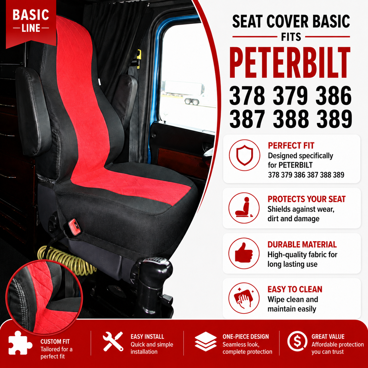 Seat Cover Basic fits  PETERBILT 378, 379, 386, 387, 388, 389  RED