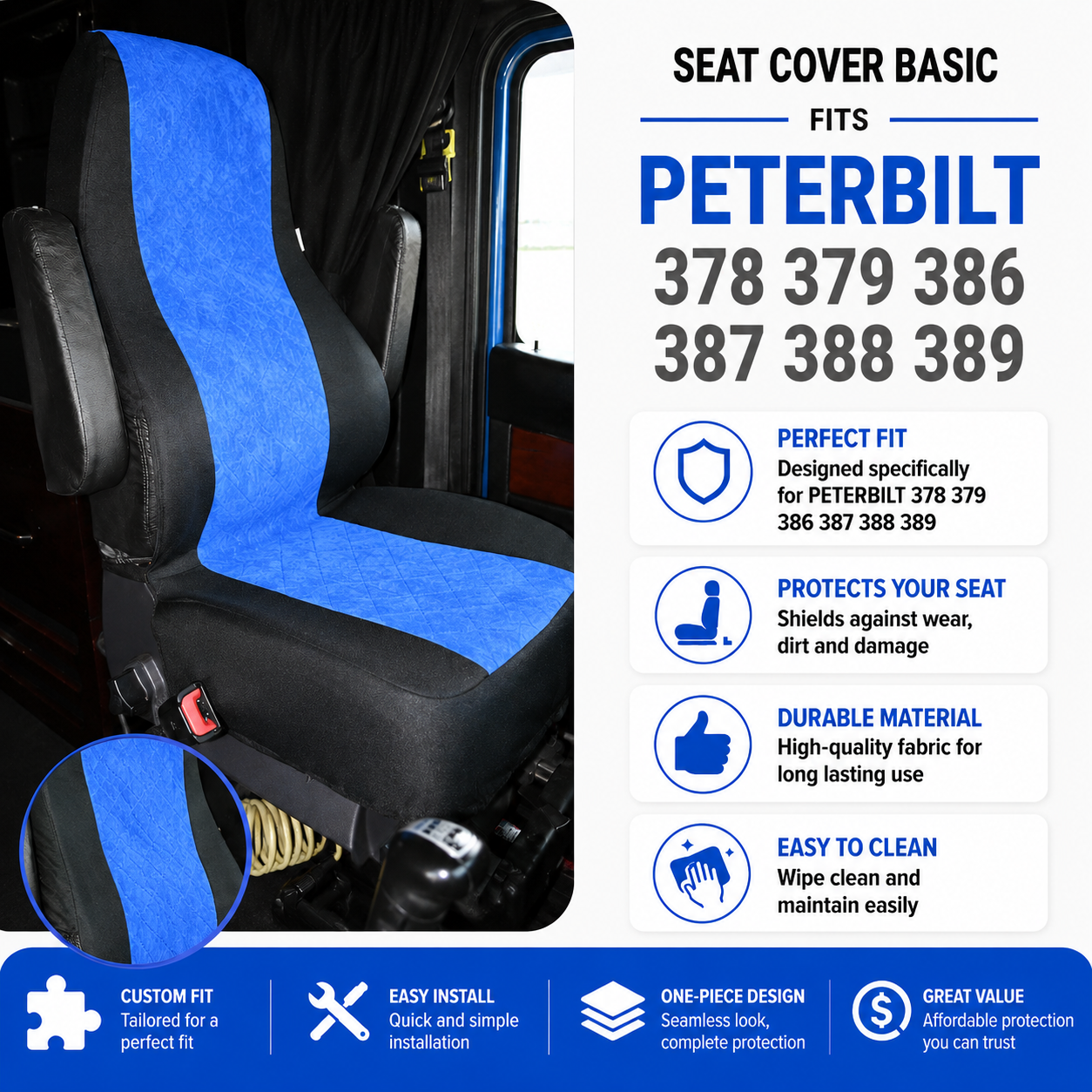 Seat Cover Basic fits PETERBILT 378, 379, 386, 387, 388, 389 BLUE