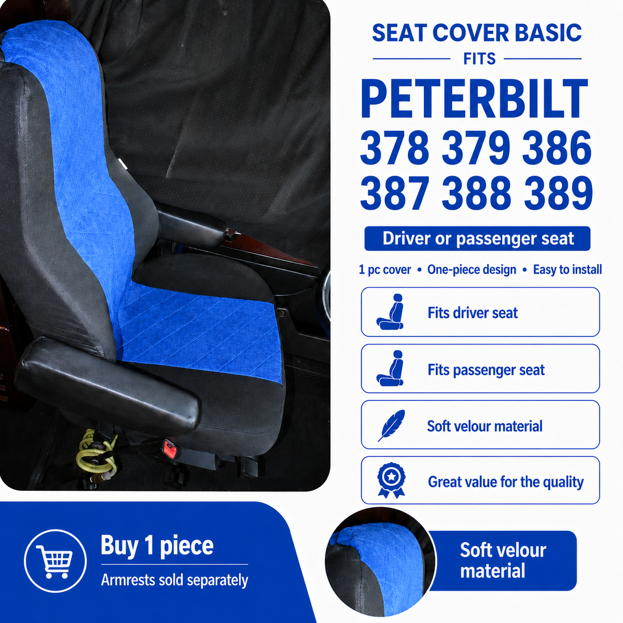 Seat Cover Basic fits PETERBILT 378, 379, 386, 387, 388, 389 BLUE