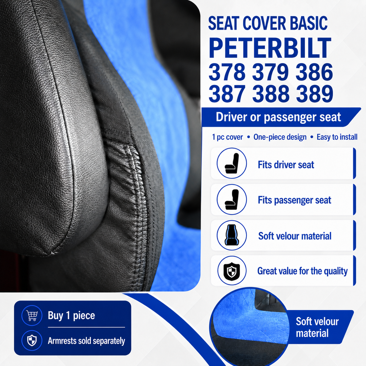 Seat Cover Basic fits PETERBILT 378, 379, 386, 387, 388, 389 BLUE