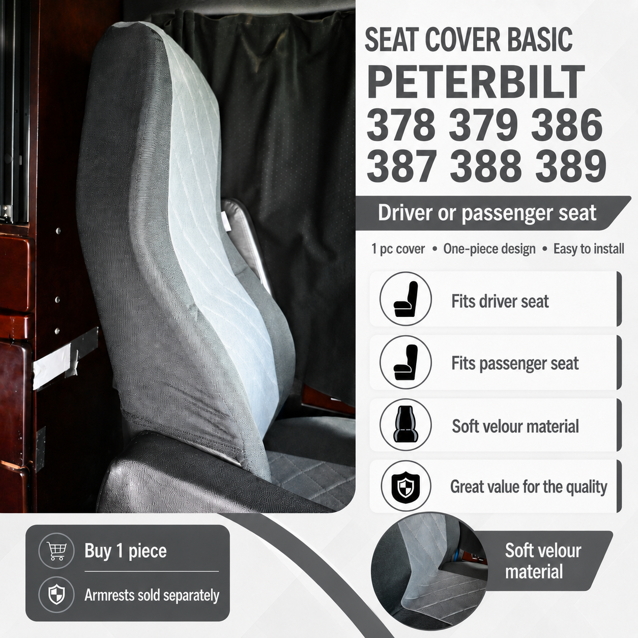 Seat Cover Basic fits PETERBILT 378, 379, 386, 387, 388, 389 GRAY