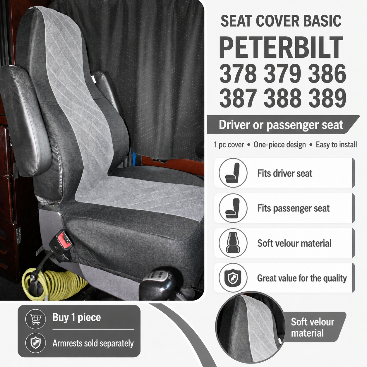 Seat Cover Basic fits PETERBILT 378, 379, 386, 387, 388, 389 GRAY