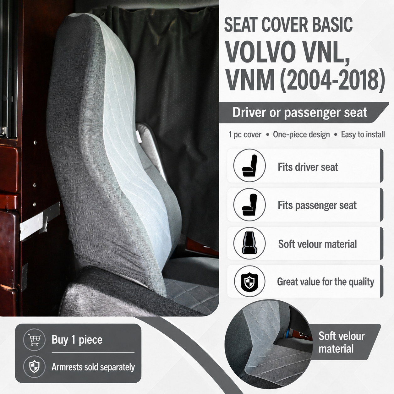 Seat Cover Basic fits VOLVO vnl, vnm (2004-2018) GRAY