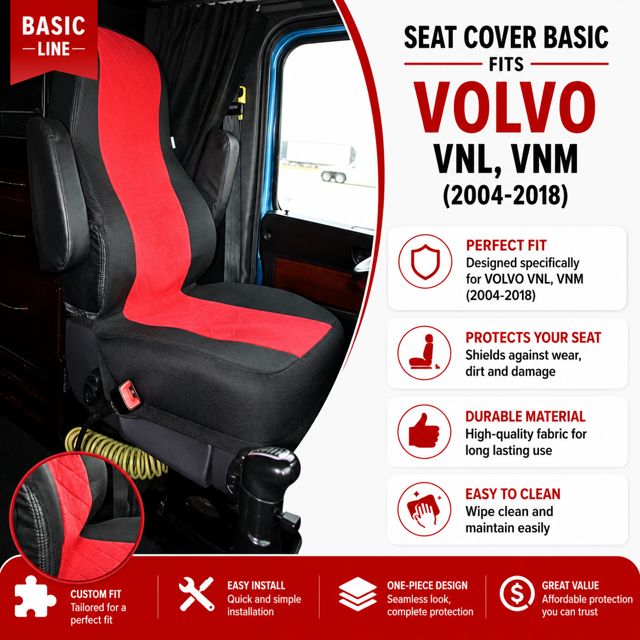 Seat Cover Basic fits VOLVO vnl, vnm (2004-2018) RED