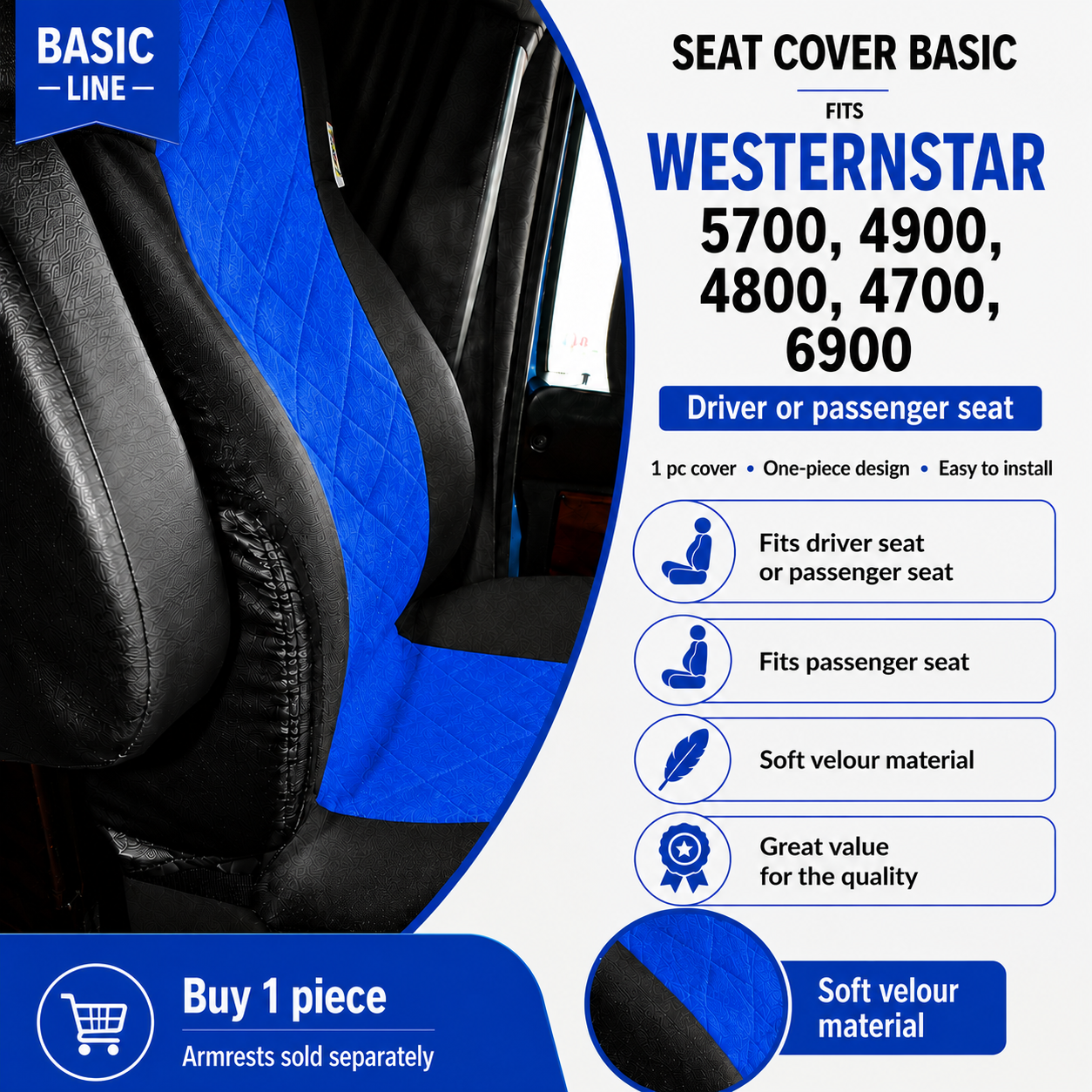Seat Cover Basic fits WESTERN STAR 5700, 4900, 4800, 4700, 6900 BLUE