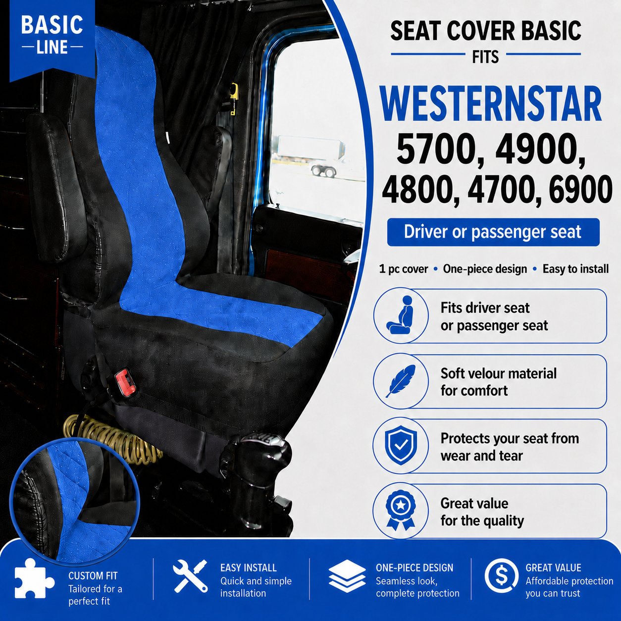 Seat Cover Basic fits WESTERN STAR 5700, 4900, 4800, 4700, 6900 BLUE