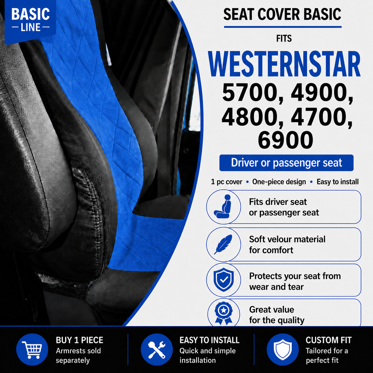 Seat Cover Basic fits WESTERN STAR 5700, 4900, 4800, 4700, 6900 BLUE