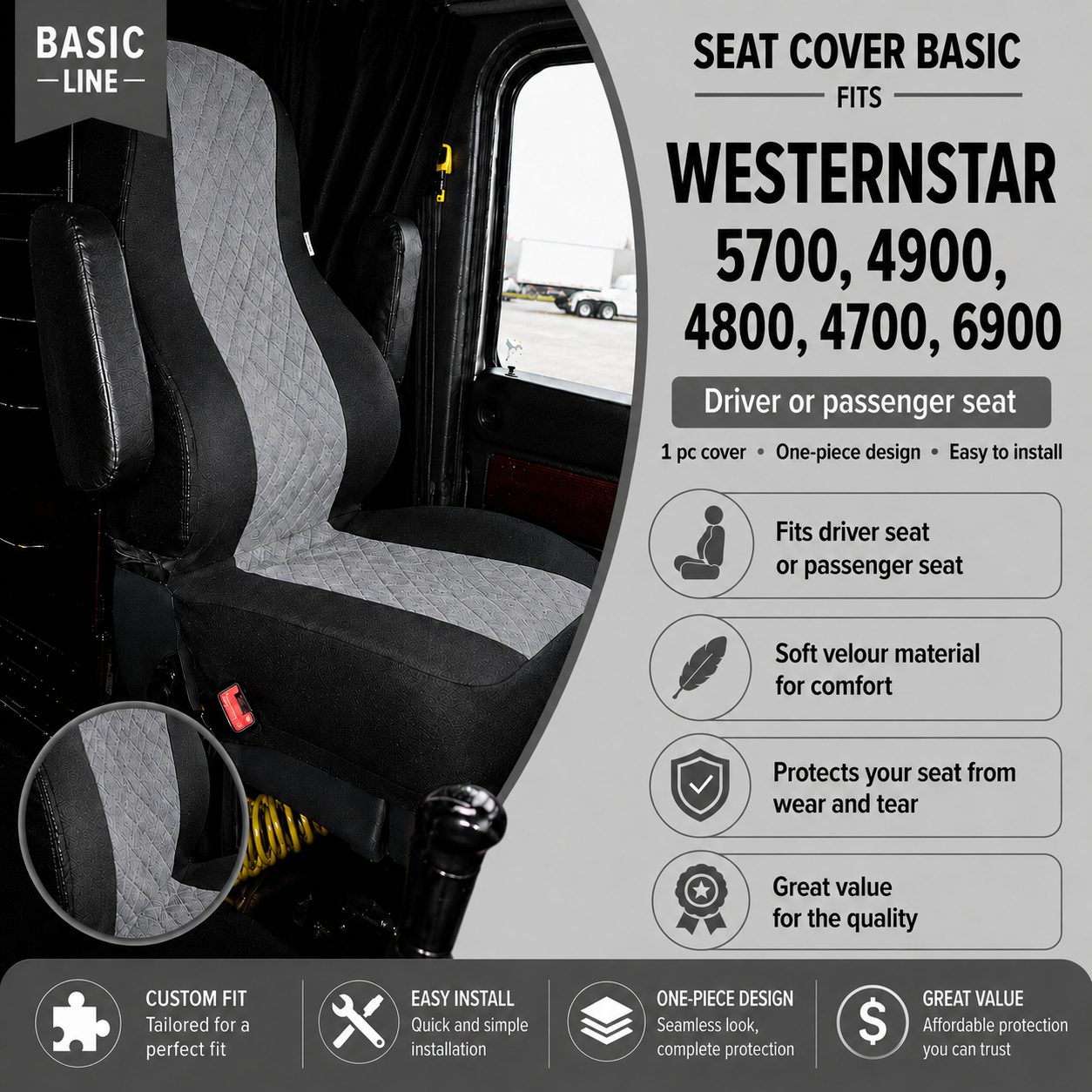 Seat Cover Basic WESTERN STAR 5700, 4900, 4800, 4700, 6900 GRAY
