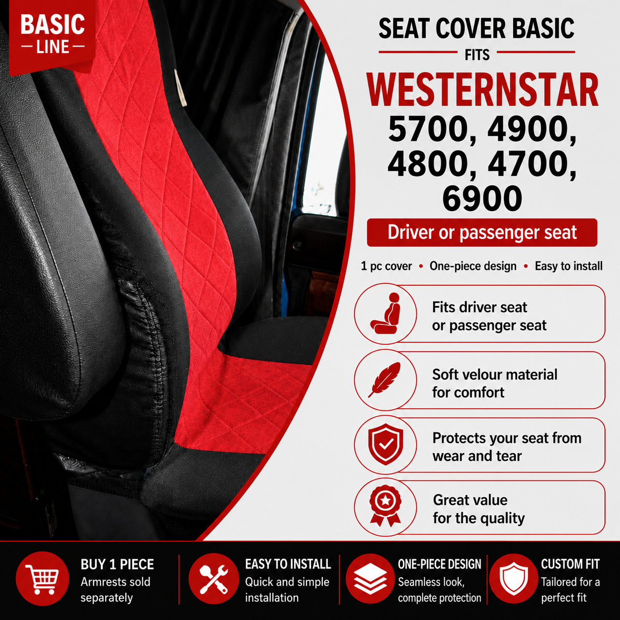 Seat Cover Basic fits  WESTERN STAR 5700, 4900, 4800, 4700, 6900 RED