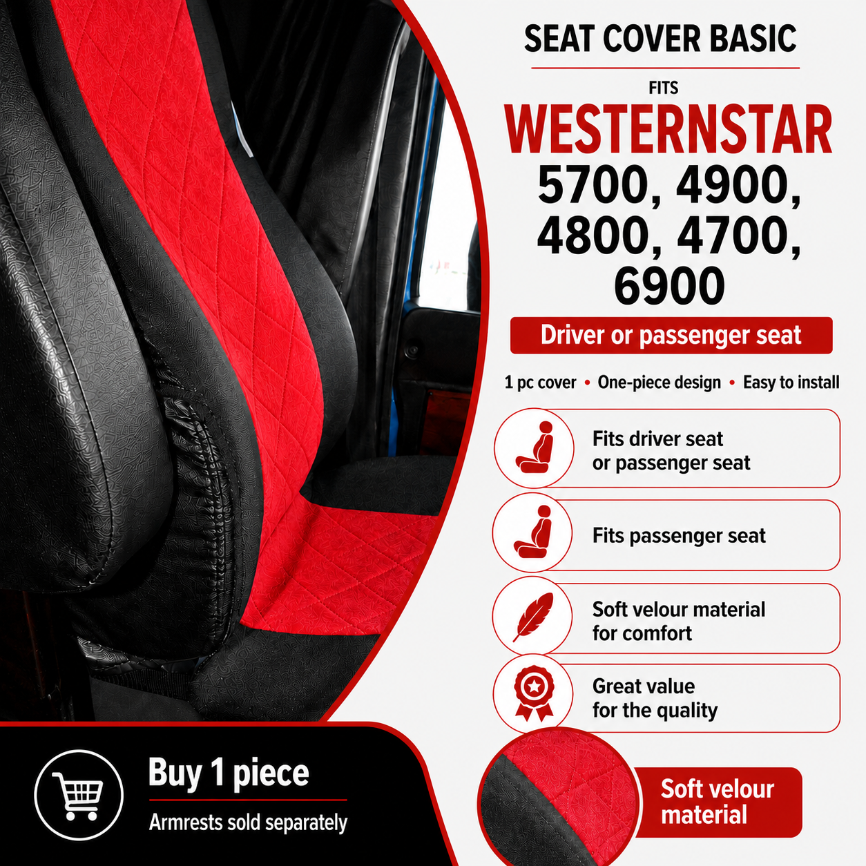 Seat Cover Basic fits  WESTERN STAR 5700, 4900, 4800, 4700, 6900 RED
