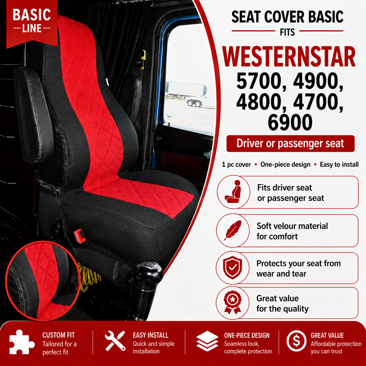 Seat Cover Basic fits  WESTERN STAR 5700, 4900, 4800, 4700, 6900 RED
