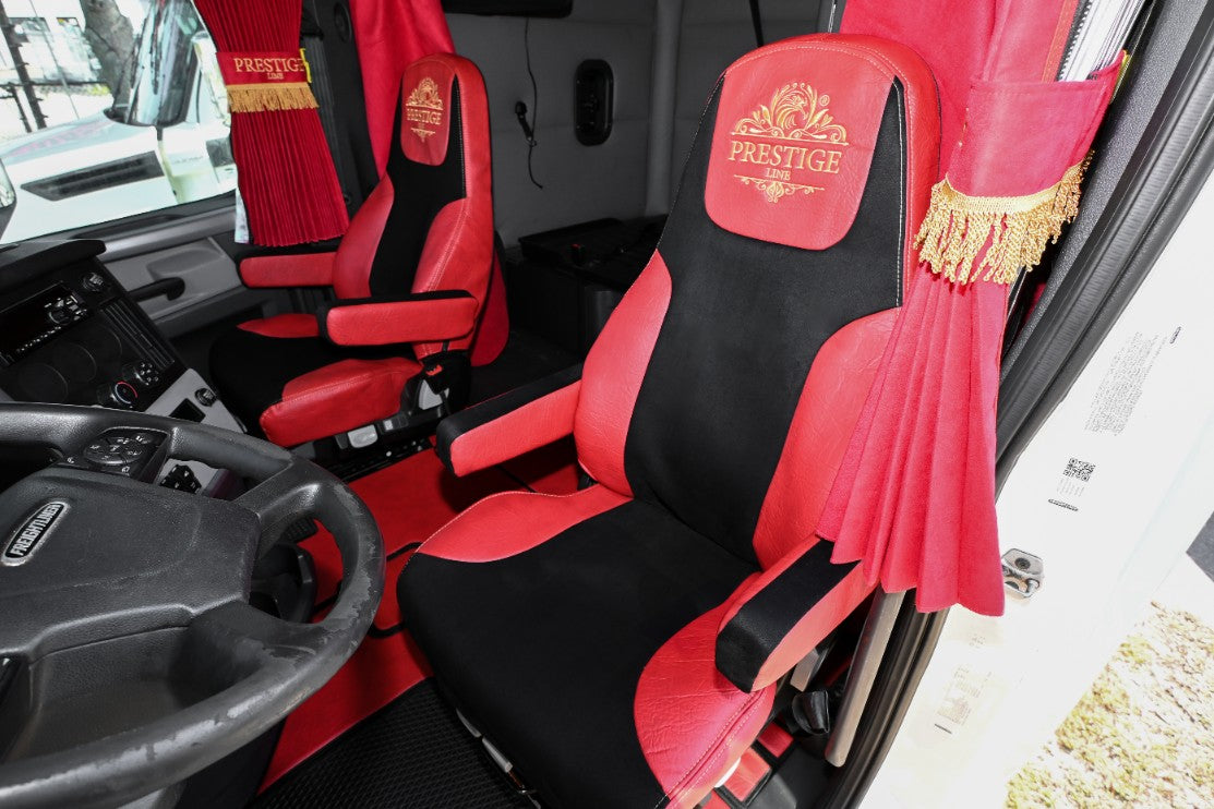 Red seat covers FREIGHTLINER CASCADIA, gen.3, 2 evolution inside cabin
