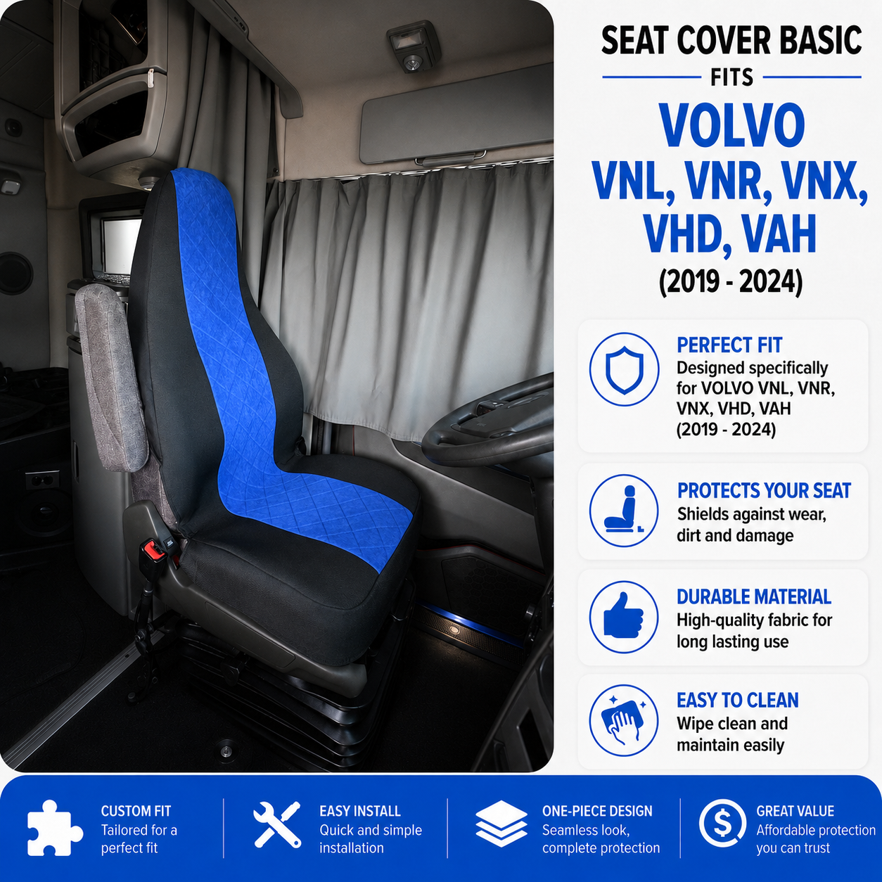 Seat Cover Basic fits VOLVO VNL, VNR, VNX, VHD, VAH (2019 - 2024) - BLUE